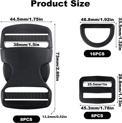 32 Pcs 1.5" Plastic Buckles for Straps, Include 8 Quick Side Release Buckle & 8 Tri-glide Slides Clips & 16 D Rings, Adjustable Heavy Duty Backpac...