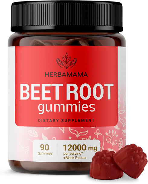 HERBAMAMA Beet Root Gummies - Chewable Vitamins from Beet Root Extract - Beet Root Supplements for Bolstering Energy Levels - 12000 mg, 90 Chews...