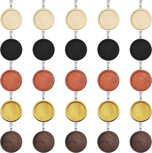 25Pcs Round Wooden Pendant Trays Bezel,5 Colors Blanks Round Wood Cabochon Pendant Trays Bezel Pendant Trays Bezel Pendant Blanks for Crafting DIY...