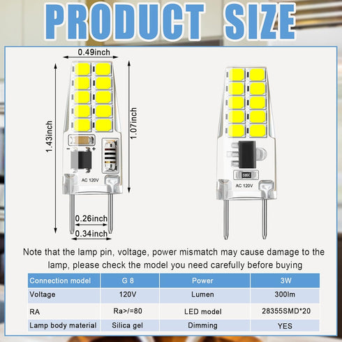 G8 LED Bulb Dimmable 3W 120V T4 Bulb Warm White 3000K Under Cabinet Light Bulb for Under Counter Light Replacements (20 Pcs)...
