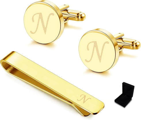Florideco Cufflinks for Men Gold Initial Cufflinks Personalized Cuff Links and Tie Bar Letter Alphabet A-Z Gift with Box for Business Wedding Groo...