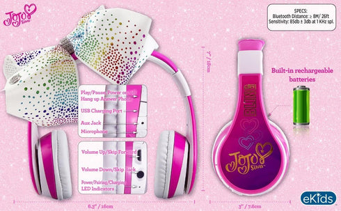 JoJo Siwa Kids Bluetooth Headphones for Wireless Rechargeable Foldable Bluetooth Headphones with Microphone Kid Friendly Sound and Bonus Detachabl...