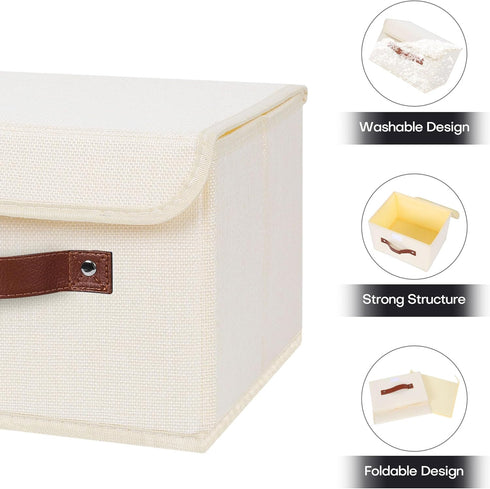 ANMINY Storage Bin with Lid Storage Boxes with PU Leather Handles PP Plastic Board Decorative Foldable Lidded Cotton Linen Fabric Home Cubes Baske...