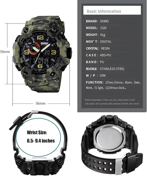 Gosasa Men's Large Face Outdoor Sports Watches Military S-Shock Watch Waterproof, Backlight, Alarm, Stopwatch Features - Rugged Wristwatch for Tra...