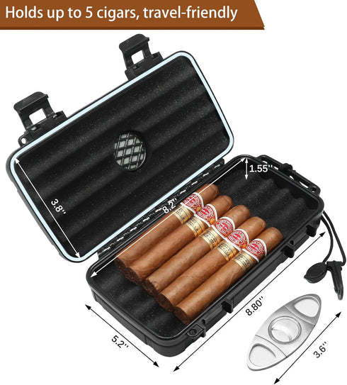 Flauno Travel Cigar Humidor Case - Portable Cigar Box with Humidifier Disc & Cigar Cutter | Waterproof | Crushproof | Airtight | Durable (Holds up...
