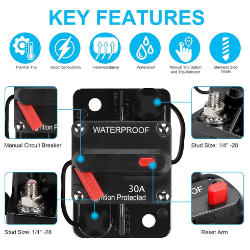 30 AMP Audio Circuit Breaker,12V-48V DC Fuse Holder,30-300A Breaker Switch,Inline Circuit Breaker with Reset Button,for Automotive Marine Boat Aud...