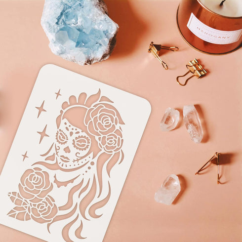 FINGERINSPIRE Women Sugar Skull Day of The Dead Stencil 11.7x8.3 inch A4 Large Size Lady with Flowers Laser Cut Reusable Airbrush Mylar Painting C...