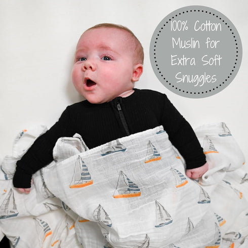 Swaddle Blanket | 100% Muslin Cotton | Gender Neutral Newborn and Baby Nursery Essentials for Girls and Boys, Registry | Sailboat Print...