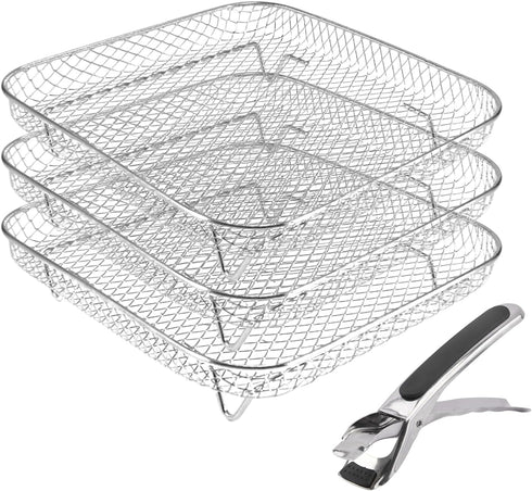 Square Air Fryer Rack,3 Layer Stainless Steel Stackable Dehydrato-r Rack with An-ti-scalding Clip,Stainless Steel Multi-Layer Dehydrato-r Rack Air...