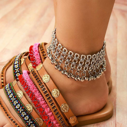 Yokawe Boho Anklets Bracelets Silver Bell Beaded Indian Anklet Chain Tassel Beach Barefoot Sandals Foot Jewelry for Women and Teen Girls?2Pcs?...