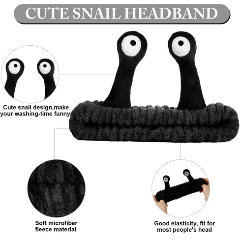 3pcs Snail Face Wash Headband and Wristband Set Black Funny Makeup Headband Puffy Skincare Spa Head Bands Cute Wrist Towels Hair Band for Washing ...