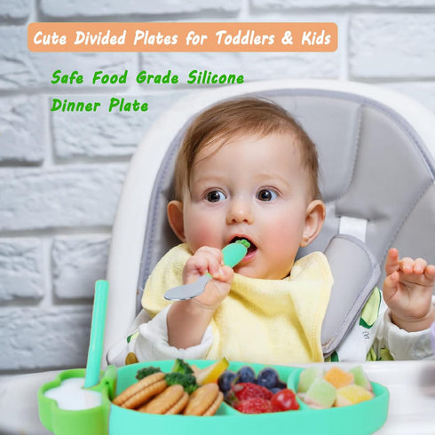 Toddler Plates with Suction, Silicone Suction Plates for Baby, Cute Carrot Divided Plates and Utensils Set, Non Slip, BPA Free, Feeding Set for 1-...