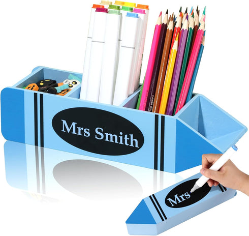 Teacher Pencil Holder Teacher Appreciation Gifts Personalized Teacher Name Pen Holder Case Blue Crayon Shaped DIY Teacher Desk Organizer Container...
