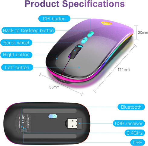 LED Wireless Mouse, Bluetooth Mouse &2.4GHz Instant Connection,Rechargeable Ultra Silent Slim,3 DPI 2 Connection Modes with USB-C to USB Adapter f...