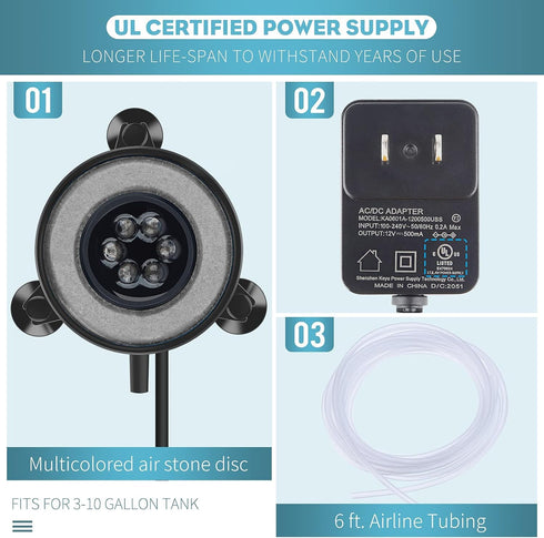 Pawfly 2 Inch Aquarium Air Stone Disc with LED Light Fine Bubbler Diffuser with Tubing for Fish Tank (Pump not Included)...