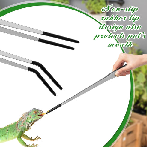 2 Pcs Extra Long Stainless Steel Reptile Feeding Tongs with Rubber Tip Bearded Dragon Aquarium Straight and Curved Long Tweezer Terrarium Feeder T...