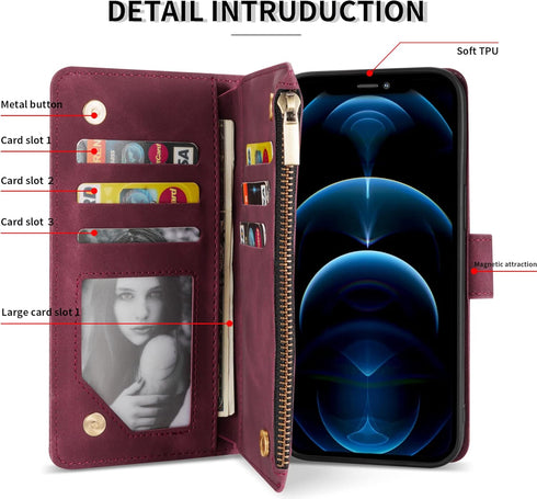 ZZXX for iPhone 12 Pro Max Wallet Case with Card Slot Premium Soft PU Leather Zipper Flip Folio Wallet with Wrist Strap Kickstand Protective for i...