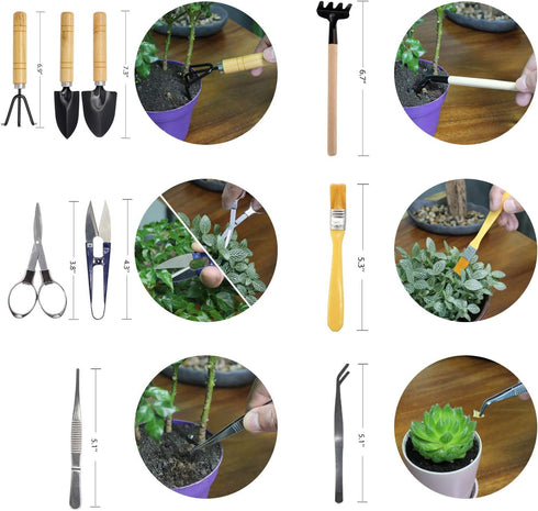 Bonsai Set 10 PCS-Mini Gardening Tools Kit for Indoor Outdoor Bonzai Include Pruner, Fold Scissors, Mini Rake, Tweezers, Cleaning Brush...