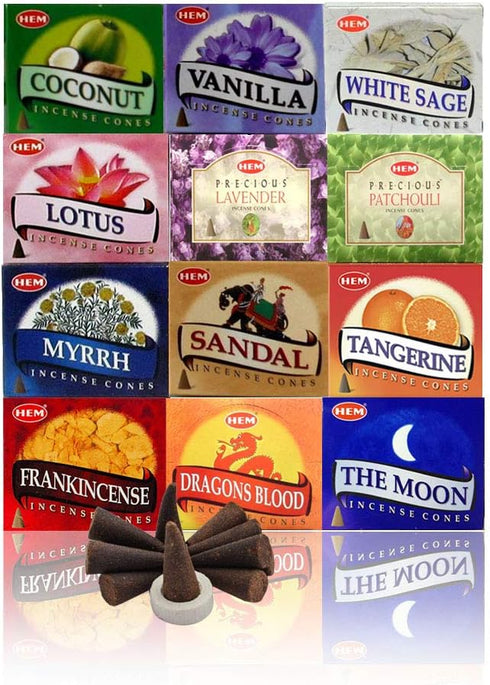 HEM Assorted Incense Cones – Pack of 12 Scents (10 Cones Each, 120 Total) – Natural Aromatherapy Fragrance for Meditation, Relaxation, Yoga, and H...