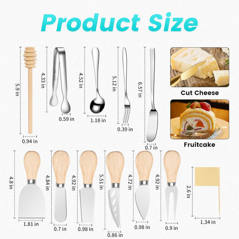 Charcuterie Board Accessories Wooden Cheese Spreader Knive Set, Wood Handle Butter knives For Cheese Kit, Mini Cheese Knife Slicer With Tongs, Spo...