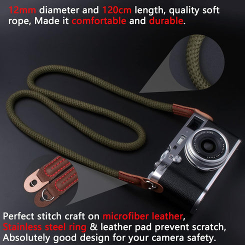 120cm Camera Strap,Vintage Soft Camera Rope Strap Neck Shoulder Strap Compatible with Sony Nikon Canon Fuji Mirrorless DSLR SLR Camera Green...
