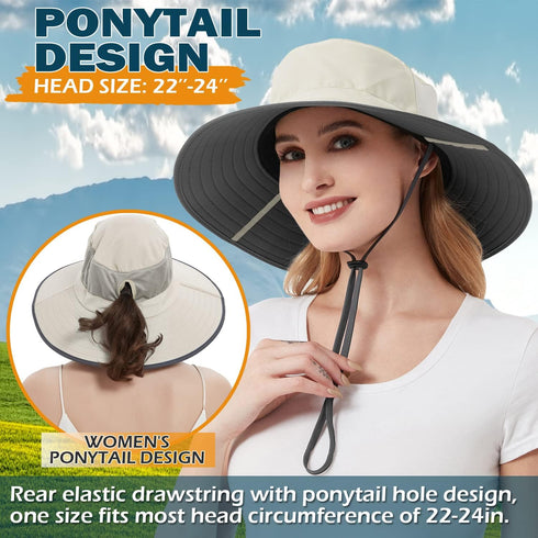 EINSKEY Women's Ponytail Sun Hat, Packable Wide Brim Large Head Bucket Hat for Fishing Hiking Gardening Safari Beach Pool...