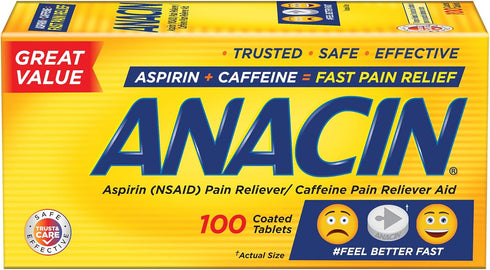 Anacin Fast Pain Relief, Aspirin + Caffeine Pain Reliever, 100 coated tablets...