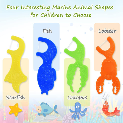 Kids Flossers, Kids Dental Floss Picks without Fluoride, Unflavored, 4 Colors Ocean Animals Shaped Makes Flossing Fun, 50 Count (Pack of 4)...