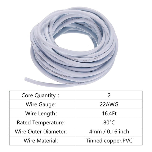 MECCANIXITY 22AWG Electrical Wire 2 Conductors 16.4Ft Power Cable Flexible Extension Signal Cable White for LED Strips Lamps Lighting Power Supply...