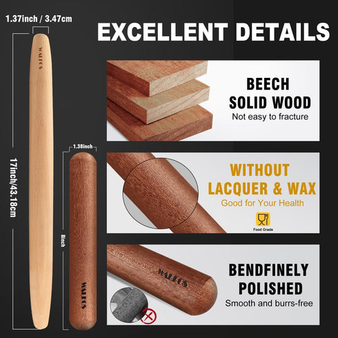 Walfos French Rolling Pin Set - Natural Wooden Rolling Pins (8inch, 15.7inch), Baking Dough Roller for Pizza, Pie, Pasta, Bread, Pastry, No Coatin...