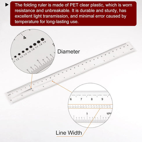 2pcs Film Flexible Ruler 12 Inch 0.1mm Scale PET Plastic Folding Straight Ruler Calibration Soft Ruler Measuring Tool for Factory, Transparent...