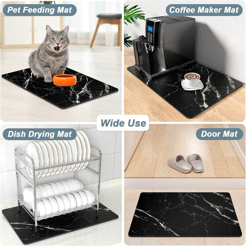 Coffee Mat, 12"x19" Marble Style Coffee Bar Mat for Coffee Station Accessories and Organizer, Absorbent Dish Drying for Kitchen Counter, Cute Blac...
