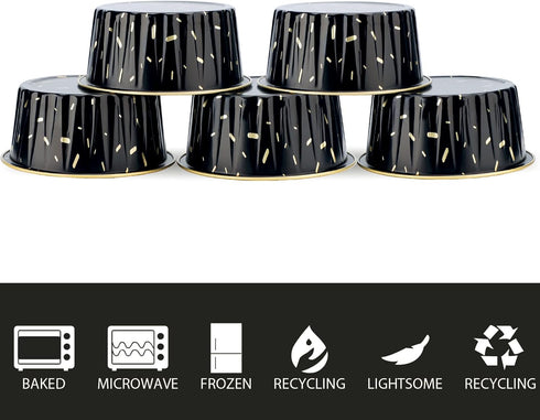 EUSOAR Disposable Baking Cups, 25pcs 5oz Foil Dessert Cups Aluminum Baking Cupcake Liners, Meteor Shower Black Disposable Ramekins Creme Brulee Cu...