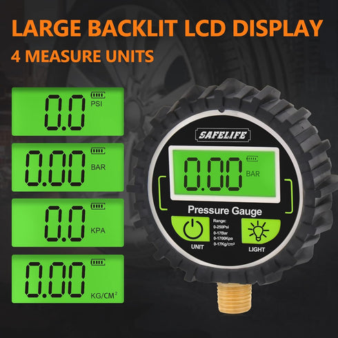Digital Tire Pressure Gauge, 2-1/2" Dial Size Digital Air Pressure Gauge with 1/4'' NPT Bottom Connector and Rubber Protector, Air Pressure Gauge ...