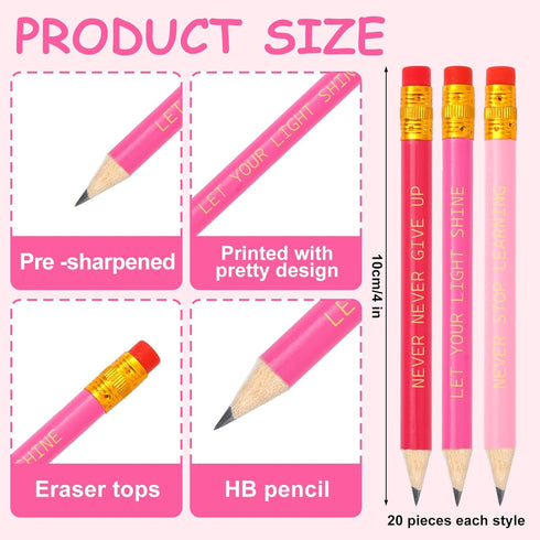 Whaline 60Pcs Inspirational Golf Pencil with Erasers Gradient Pink Presharpened Short Writing Pencils 3 Colors Motivational Sayings Half Pencils f...