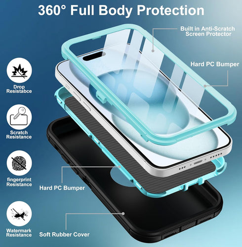 for iPhone 15 Plus Case, with Built in Screen Protector Heavy Duty Drop Protection, Full Body Rugged Shockproof Dust Proof Protective Phone Cover ...