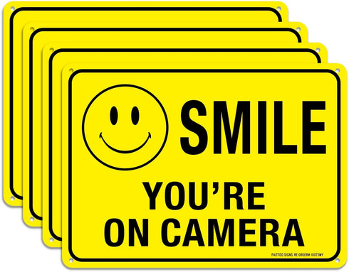 (4 Pack) Faittoo Smile You're On Camera Sign, 10x7 Reflective Rust Free .40 Aluminum, UV Protected, Weather Resistant, Durable Ink, Indoor & Outdo...