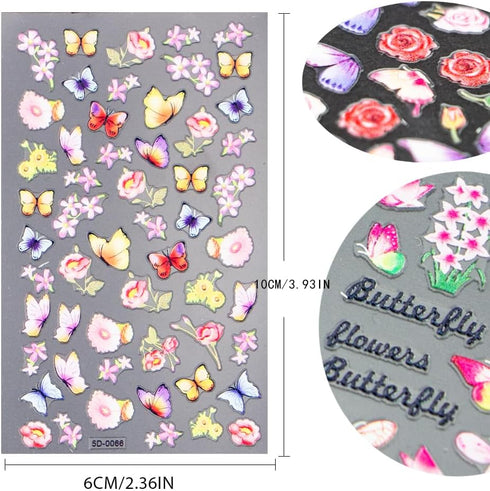 6 Sheets 5D Embossed Butterfly Nail Art Stickers Nail Decals for Women Butterfly Nail Design,Nail Stickers for Acrylic Nail Engraved Rose Butterfl...