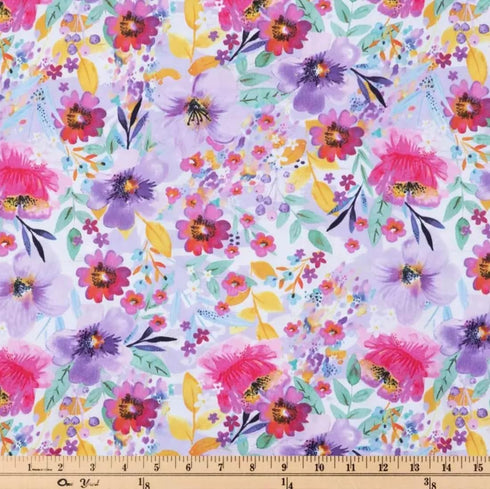 Bright Watercolor Wildflower Floral Calico Cotton Fabric by The Yard - Precut Cotton Fabric - One Yard...