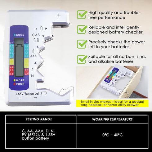 Battery Tester Universal Battery Checker with LCD Display Digital Multi Purpose Small Battery Checker for All Battery C AA AAA D N 9V 6F22 1.5V Bu...