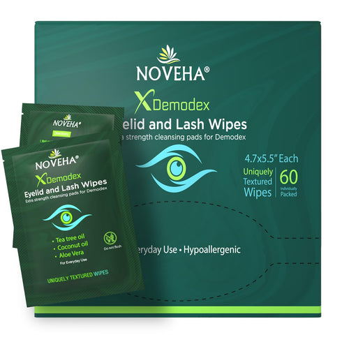 NOVEHA Demodex Eyelid & Lash Wipes | Box Of 60 Individually Wrapped Extra Strength Cleansing Eyelash Wipes - Battle Itchy & Irritated Eyes associa...