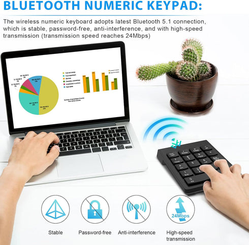 Bluetooth Number Pad Wireless Numeric Keypad 10 Key Numpad Compatible with Laptops MacBook, ChromeBook, ThinkBook, MateBook, Inspiron Computer Des...