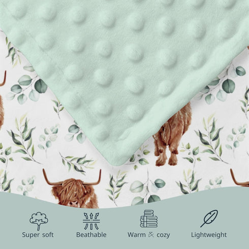 Highland Cow Eucalyptus Leaf Minky Baby Blanket Dotted Backing Boy Girl Gift, Western Farm Animal Yak Double Layer Flannel Nursery Bed Blankets, S...