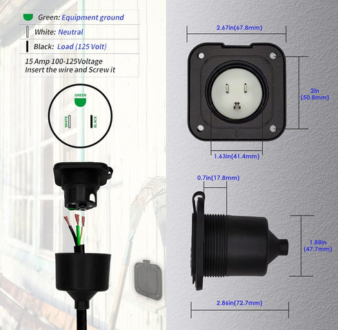 15 Amp Inlet, Shore Power Flanged Receptacle, 15A 125V Recessed Male Outlet, NEMA 5-15 AC Port Plug with Waterproof Covers, Exterior Electrical Co...