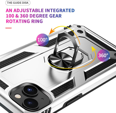 Military Grade Drop Impact for iPhone 14 Plus Case 360 Metal Rotating Ring Kickstand Holder Armor Heavy Duty Shockproof Case for iPhone 14 Plus Ph...