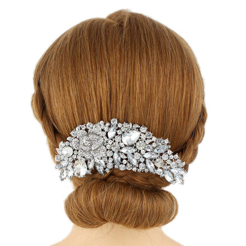 EVER FAITH Bridal Hair Accessories Crystal 5 Inch Bridal Rose Flower Bouquet Hair Side Comb Clear Silver-Tone For Women...