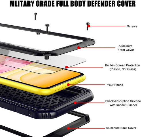 Mitywah Waterproof Case for iPhone 11, Heavy Duty Durable Metal Full Body Protective Case Built-in Screen Protection Waterproof Shockproof Dustpro...