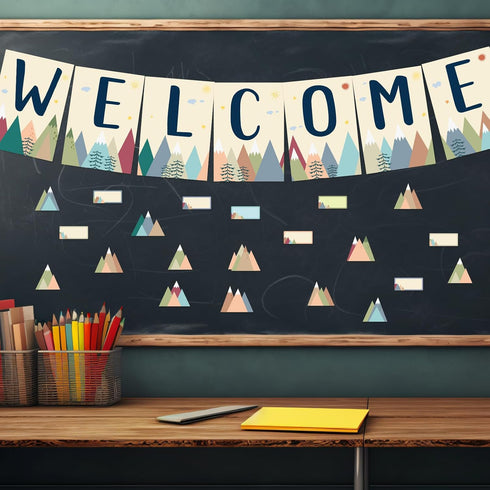 87Pcs Welcome Bulletin Board set Moving Mountains Bulletin Boarder Welcome Banner Classroom Decoration Paper Cutouts for School Supplies Wall Deco...