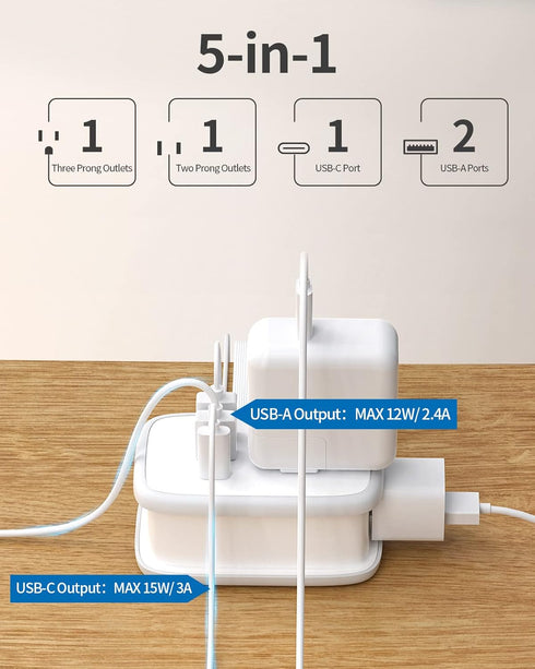 USB C Travel Power Strip, NTONPOWER Flat Plug Power Strip with 3ft Wrapped Around Extension Cord, 2 Outlets 3 USB Ports(1 USB-C) Cruise Ship Appro...