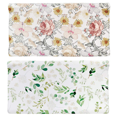 Diaper Changing Pad Cover, 2 Pack, Floral Changing Table Cover, Green Leaf Changing Pad Covers, Jersey Knit Changing Table Sheets, Gender Neutral ...